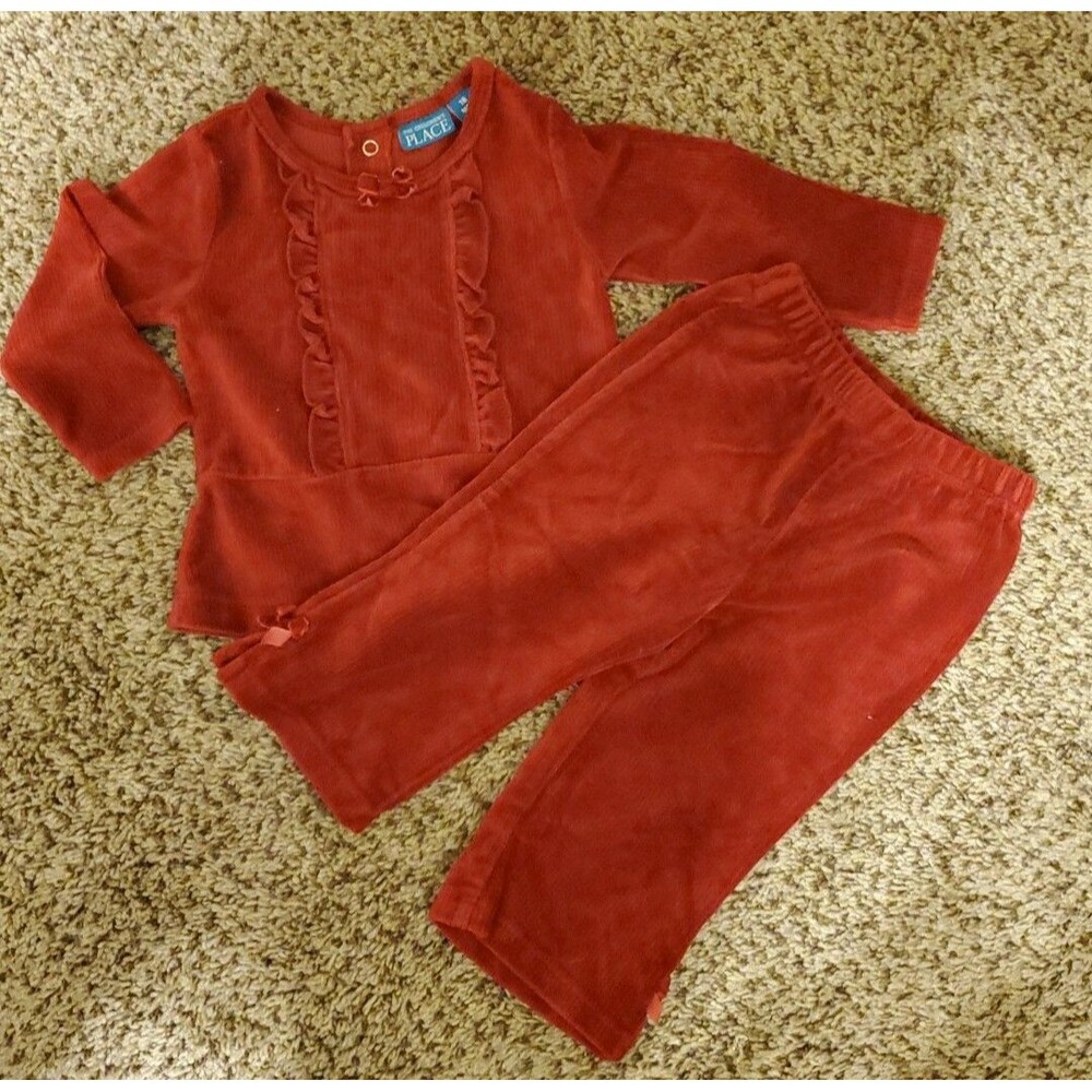 The Children's Baby Girl 18 month 2pc Red Velour Outfit Long sleeve Top Pants